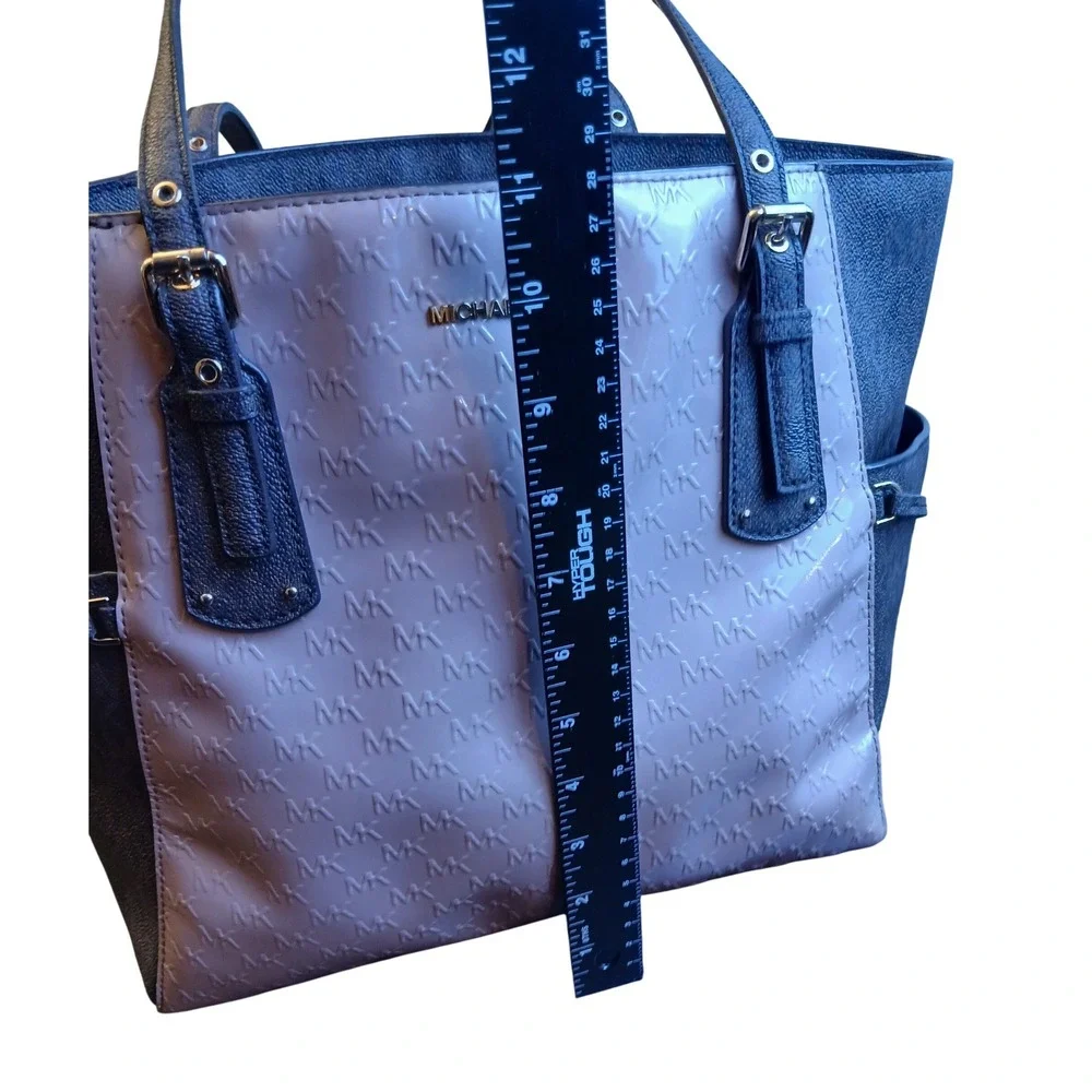 Michael Kors Voyager Tote Brown Pink Monogram Patent Mixed Media Shoulder Bag